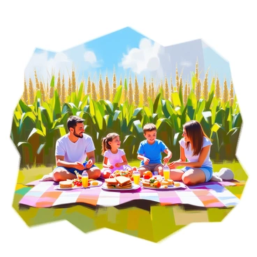 A family of four is spread out on a large checkered picnic blanket laid flat in the middle of a vibrant green cornfield. The parents, a man with short dark hair and a woman with long brown hair, are seated on the blanket, smiling at their two children. The boy, wearing a bright blue t-shirt, is playfully reaching for a sandwich while the girl, dressed in a pink dress, giggles as she holds a juice box. Around them, a variety of picnic foods like sandwiches, fruit, and snacks are arranged on the blanket. Tall stalks of corn stretch up around the family, creating a lush green backdrop under a clear blue sky with a few fluffy clouds.