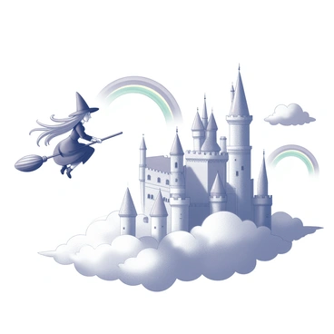 A witch on a broomstick is flying through the sky. She has long flowing hair and wears a pointed hat. Below her, a castle made of clouds towers majestically, featuring numerous towers and turrets that blend seamlessly with the fluffy cloud formations. The scene is filled with arcs of rainbows that curve gracefully around the castle, contributing to the whimsical atmosphere. The sunlight filters through the clouds, illuminating the scene with a soft glow.