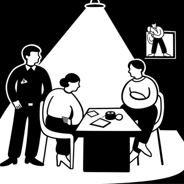 A dimly lit police interrogation room with a single overhead light casting shadows across the space. A large wooden table sits in the center, with two metal chairs facing each other. Papers and a tape recorder are placed on the table. A police officer in a dark uniform stands to one side, arms crossed, focusing intently on a suspected communist sitting in the opposite chair. The suspect is dressed in a simple shirt, looking tense and uneasy. A one-way mirror is visible on the wall, reflecting the faint outlines of observers outside the room. The atmosphere is charged and tense, highlighting the seriousness of the situation.