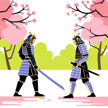 A tense standoff between two samurai takes place in a blooming cherry blossom orchard. The first samurai, wearing traditional armor with intricate patterns, stands with a katana drawn, poised and focused. The second samurai, also in elegant armor, mirrors the stance with a sword ready. Delicate pink cherry blossoms float gently through the air, with a backdrop of lush green trees. The ground is carpeted with fallen pink petals, creating a vibrant contrast to the intense moment shared by the two warriors.