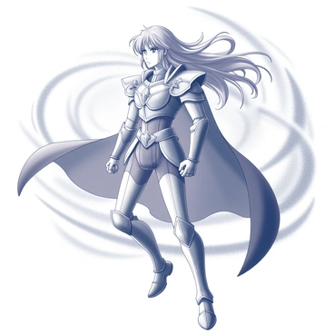 A character from Saint Seiya stands firmly against a strong cosmic wind. Their hair flows dramatically in the wind, creating a sense of movement and energy. The character wears intricate armor that reflects light, showcasing detailed designs and embellishments. The stance is powerful and confident, with the character’s gaze fixed forward, as if ready to face any challenge. The background features swirling cosmic elements, enhancing the sense of a vast and dynamic universe surrounding the figure.