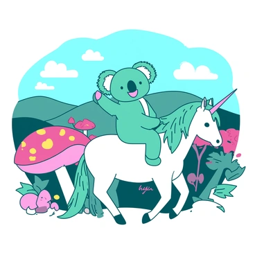 A teal koala is perched happily on the back of a white unicorn. The unicorn has a shimmering mane that appears to sparkle in the light. The landscape around them is filled with vibrant, oversized mushrooms and colorful flowers that bloom in shades of pink and yellow. In the background, there are rolling hills under a bright blue sky scattered with fluffy white clouds. The koala is holding onto the unicorn's mane with one paw, while the other paw is waving joyfully. The unicorn is trotting playfully, leaving a trail of sparkling dust behind them.