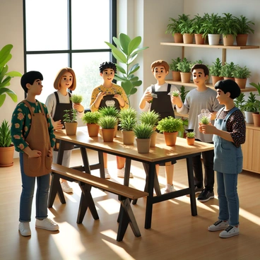 A vibrant scene depicting plant lovers interacting at a local plant-cutting exchange. Several individuals are gathered around a long wooden table filled with various potted plants and cuttings in clear plastic bags. Each person has a unique style, with some wearing colorful floral shirts and others donning gardening aprons. One person is holding a small cutting of a succulent, while another examines a leafy vine in a pot. The background features shelves lined with more plants, creating an inviting atmosphere. Sunlight streams in through a nearby window, casting soft shadows on the table.