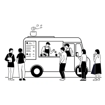 A mobile coffee truck with large serving windows is parked on a city street during the morning rush hour. The truck has an eye-catching design, featuring a menu board with various coffee options listed. A barista wearing an apron and a cap is inside the truck, pouring freshly brewed coffee into cups. Morning commuters, both men and women, are lined up in front of the truck, holding briefcases and backpacks. Some customers are chatting while others are checking their watches, eager to grab their coffee before heading to work. A few cups of coffee are prominently displayed on the counter of the truck, steam rising from them.