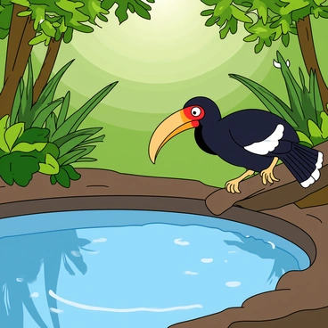 A curious hornbill with a prominent curved beak sits perched on a branch at the edge of a jungle waterhole. The bird has glossy black feathers with a striking white stripe on its wings. Below, the waterhole reflects the vibrant green foliage surrounding it, with tall ferns and leafy plants lining the banks. Sunlight dapples through the trees, creating spots of light on the water's surface. The hornbill gazes intently down at the water, its bright eyes filled with curiosity, while small ripples disturb the otherwise calm water.