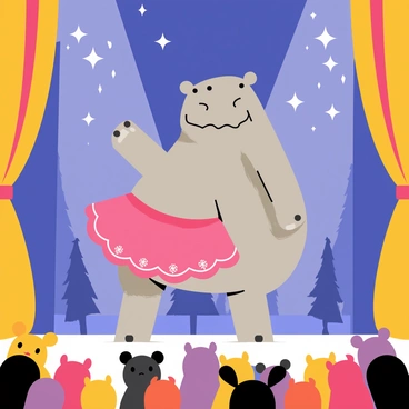 A hippopotamus with smooth, gray skin is wearing a pink tutu adorned with sparkles. The hippopotamus stands on its hind legs, elegantly positioned with one front leg raised, as it performs a ballet dance on stage. The stage is decorated with vibrant colored curtains and spotlights illuminating the scene. In the background, there are silhouettes of trees and a whimsical, starry sky creating a magical atmosphere. The audience is depicted as various animals, all watching in awe.