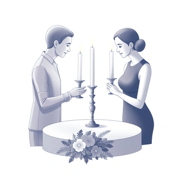 A unity candle ceremony taking place in a solemn setting. A couple stands side by side at a beautifully decorated table. Both individuals are holding their own taper candles, positioned on either side of a larger, central candle. The couple is leaning slightly toward each other, bringing their taper candles together to ignite the larger candle. Their expressions reflect a moment of shared commitment and joy. Soft decorations, such as floral arrangements and greenery, surround the table, adding to the ambiance of the ceremony.