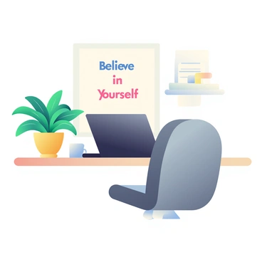 A modern home office setup features a sleek black laptop open on a light wooden desk. To the left of the laptop, there is a vibrant green potted plant with glossy leaves, adding a touch of nature to the space. Behind the laptop, a motivational poster with the quote "Believe in Yourself" is framed and hanging on the light-colored wall. A comfortable gray chair is positioned at the desk, creating an inviting workspace atmosphere. A small stack of notebooks is placed next to the laptop, and a white coffee mug is resting on the desk.