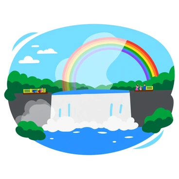 A vibrant depiction of Niagara Falls with cascading blue water crashing down the rocky cliffs. The water generates a thick mist that rises into the air, creating a haze above the falls. In the sunlight, colorful rainbows arch across the mist, adding bright hues of red, orange, yellow, green, blue, and purple. Surrounding the falls, lush green trees and plants dot the landscape, while a clear blue sky fills the background. A few tourists can be seen on a viewing platform, gazing in awe at the natural wonder.