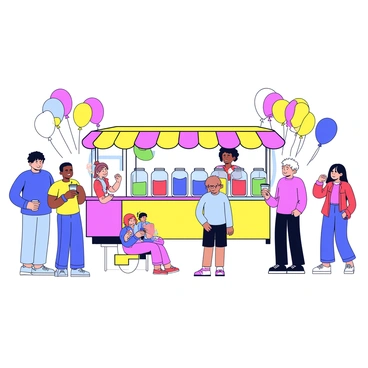 A vibrant festival scene with a stand displaying an array of colorful punch beverages. The stand is adorned with bright banners and decorative elements. Each punch flavor is presented in clear jars, showcasing a mix of vivid hues like red, green, and blue. People of various ages are gathered around the stand, some holding cups filled with punch, while others are chatting and enjoying the festive atmosphere. Colorful balloons float in the background, enhancing the lively ambiance of the festival.