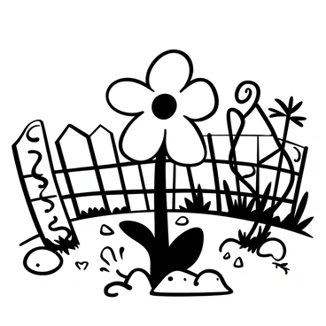 A wilted flower with drooping petals stands in a forgotten garden, surrounded by overgrown weeds and tangled vines. The flower has a subtle depiction of a "sad face" etched into its petals. Cracked soil and scattered stones are visible around the base, illustrating neglect. In the background, remnants of an old, rusted garden fence are partially hidden by wild greenery.