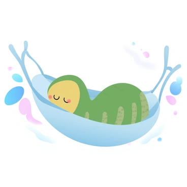 A relaxed caterpillar is napping in a hammock made of delicate spider silk. The hammock is suspended between two slender twigs, which are softly curved and textured. The caterpillar is plump and textured, displaying a mix of green and yellow hues. Surrounding the hammock are a few small leaves that add color and contrast to the scene. The background features a subtle gradient of pastel colors, transitioning smoothly from light blue to soft pink.