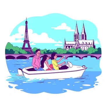 A group of tourists is sitting on a white boat as it glides smoothly across the blue waters of the Seine River. They are smiling and taking pictures, capturing the moment against a backdrop of iconic Parisian landmarks. In the distance, the majestic Eiffel Tower is visible, towering over the skyline. Nearby, the ornate architecture of the Notre-Dame Cathedral stands prominently. The sky is clear with a few fluffy clouds, enhancing the vibrant atmosphere of the scene.