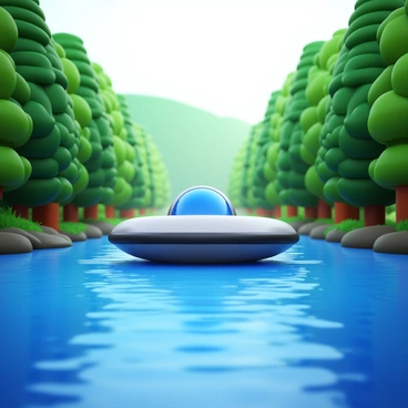 A hovercraft skimming over a wide river surrounded by forest