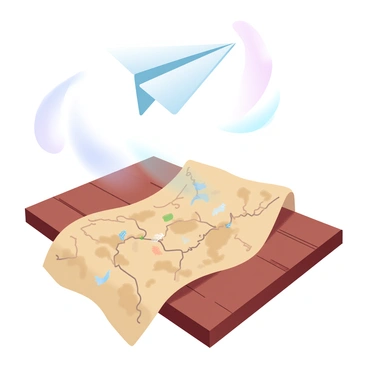 A paper plane flying over an old treasure map spread out on a table
