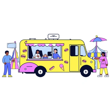 A food truck with bright colors and a cheerful design. The sides of the truck feature hand-painted illustrations of various foods, such as burgers, hot dogs, and ice cream cones. The truck has large windows serving as serving areas, and there's a canopy providing shade. It is parked at a fair surrounded by colorful tents and people enjoying the festivities.