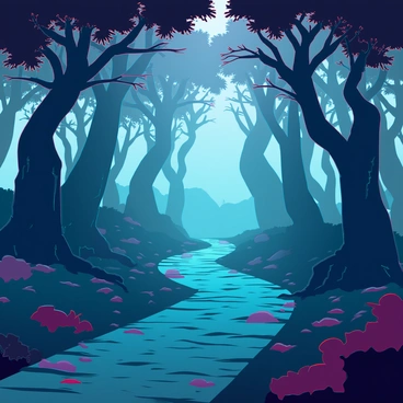 A gnarly forest path with twisted trees and a misty, mysterious atmosphere