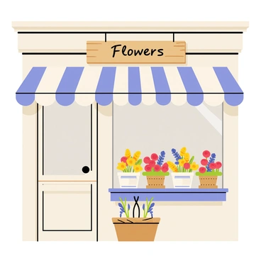 A quaint Victorian-era flower shop with a wooden sign hanging above the entrance that reads "Flowers." The shop's window features an inviting display of seasonal blooms, including vibrant red roses, yellow daffodils, and purple lavender arranged in charming ceramic pots. The exterior of the shop has intricate woodwork and pastel-colored paint. A small basket filled with fresh garden herbs is placed beside the door, and a striped awning provides shade over the window display.