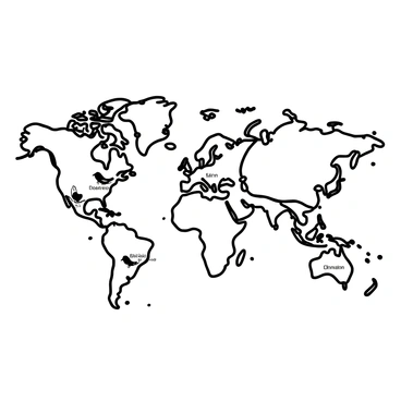 A detailed black-and-white illustration of a world map depicting the migratory patterns of birds across continents. Various routes are illustrated as dashed lines connecting different regions, indicating the paths taken by the birds. Small silhouettes of different bird species are placed along these routes, representing their journey. Labels for continents and migratory destinations are included in a clear, legible font. The illustration has a grid overlay to emphasize the geographical aspect, enhancing the understanding of the migratory patterns.
