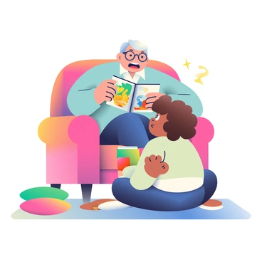 A grandparent with white hair and glasses is sitting in a plush, colorful armchair while animatedly reading a storybook. The grandparent is wearing a cozy, light blue cardigan over a white shirt. The child, a young girl with curly brown hair, is sitting cross-legged on a soft rug in front of the armchair, looking up with wide eyes filled with curiosity. The storybook features bright illustrations of fantastical creatures and landscapes. A small stuffed animal, resembling a teddy bear, is tucked under the child's arm, and there are a few colorful cushions scattered around on the rug. The room is softly lit, creating a warm and inviting atmosphere.