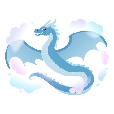 A majestic dragon is soaring through the clouds. Its body is covered in iridescent scales that reflect a spectrum of colors, creating a shimmering effect as it moves. The dragon's wings are large and powerful, stretched wide as it glides gracefully. Fluffy white clouds surround the dragon, adding to the sense of height and movement in the sky. Soft pastel hues fill the background, enhancing the magical atmosphere of the scene.