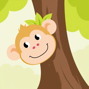 A curious monkey face peeking out from behind a brown tree trunk. The monkey has big, round eyes and a playful expression, with its mouth slightly open in a cheeky grin. Its fur is a light brown color, contrasting with the dark, textured bark of the tree. Bright green leaves surround the monkey's head, adding a touch of color to the scene. The background features a soft blur of various shades of green, suggesting a lush forest environment.