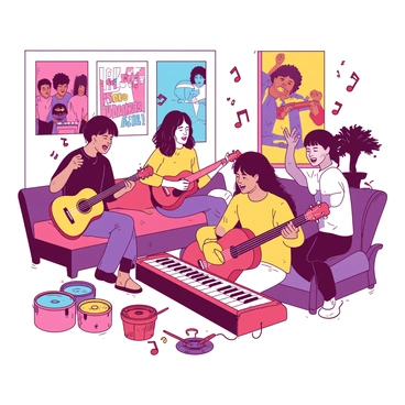 A group of five friends is gathered in a cozy room, engaged in playing music together. There are vibrant posters featuring various bands adorning the walls in the background. One friend is strumming an acoustic guitar, while another plays a cheerful ukulele. A third friend is seated at a bright red keyboard, and a fourth is tapping on a set of colorful percussion instruments. The fifth friend is standing and singing, with a joyful expression. The room is warmly lit, creating an inviting atmosphere. Various musical notes are floating in the air around them, enhancing the lively scene.