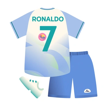 A new soccer jersey inspired by Cristiano Ronaldo features a sleek, modern design in shades of blue and white. The jersey has short sleeves and a round neckline, showcasing a streamlined silhouette. The iconic number "7" is prominently displayed on the back in bold, white lettering. The front of the jersey features a subtle wave pattern that represents dynamic movement, while the club logo is positioned over the heart in vibrant colors. The jersey is made of lightweight, breathable fabric that reflects a sporty look. A pair of matching blue shorts completes the outfit, adorned with a small logo on the side. A pair of white soccer cleats is placed next to the jersey, highlighting the athletic theme.