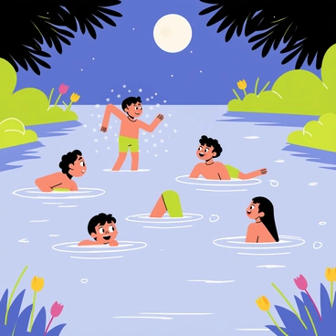 A group of children joyfully swimming in a clear, shimmering lake. The lake is surrounded by lush greenery and glowing flowers. The scene is illuminated by a bright full moon hanging in a starry sky, casting silver reflections on the water's surface. The children are splashing water, creating small ripples around them. Some are diving, while others are floating on their backs, gazing up at the moon. Their expressions are filled with delight and wonder.
