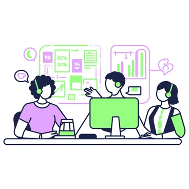 A diverse team of call center agents is seated at desks in a well-organized office environment. Each agent is engaged in conversation, wearing headsets. A woman with curly hair is speaking into her microphone, while a man with short hair types on his computer. Another agent, a woman with straight hair, looks at a large monitor displaying customer data. In the background, a bulletin board is filled with motivational quotes and charts showing performance metrics. There is a coffee machine visible, with a steaming cup on one of the desks. Bright lighting illuminates the workspace, creating a productive atmosphere.