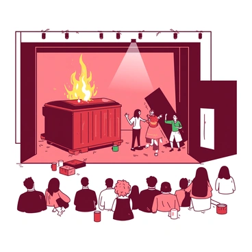 A mock stage performance is taking place with actors positioned in front of a large painted backdrop depicting a "blazing dumpster." The dumpster is illustrated in shades of red and orange, with vibrant flames licking up from its open top. The actors are dressed in colorful costumes, engaged in a lively scene, while a spotlight shines down on them. The stage floor is scattered with props, including cardboard boxes and a few scattered cans that enhance the urban setting of the performance. The audience can be seen in the foreground, captivated by the dynamic action unfolding on stage.