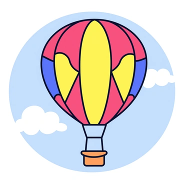 A hot air balloon with a round, colorful envelope is floating in the sky. The balloon features bold, geometric patterns in red, yellow, and blue. Below the balloon, there is a small, rectangular basket that hangs from the envelope by two thin ropes. The sky is a light blue, with a few fluffy white clouds scattered across the background. The overall illustration is created using simple lines and basic shapes, emphasizing the minimalist style.