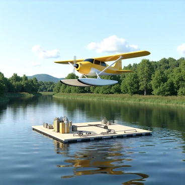 A seaplane with a sleek, aerodynamic design is descending towards a calm river, its pontoons just above the water's surface. The plane is painted in bright yellow and white, with a shiny engine and a propeller spinning as it approaches. The riverbank is lush with green trees and vegetation, reflecting in the water. In the foreground, a floating refueling station is anchored on the river, featuring a dock with fuel hoses and containers. The station is made of light-colored wood and is surrounded by small waves created by the landing seaplane. The sky is clear with a few fluffy clouds scattered above, highlighting the scene.