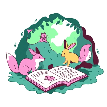A teal fox, a yellow rabbit, and a pink squirrel are gathered around an open storybook in a cozy forest nook. The storybook is resting on a bed of soft green moss, with intricate illustrations visible on its pages. The fox sits on its haunches, intently gazing at the book, while the rabbit leans in closer, its ears perked up in curiosity. The squirrel is perched on a nearby log, holding a tiny acorn, also captivated by the tale. Sunlight filters through the leaves above, casting gentle shadows around the scene.