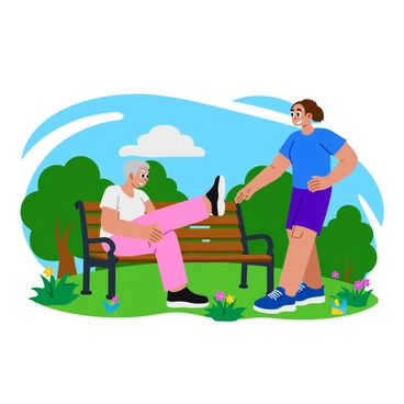 An elderly person with gray hair is performing leg raises while sitting on a park bench. The individual is wearing light-colored athletic wear. A trainer, dressed in a bright blue t-shirt and shorts, is providing support by holding the elderly person's legs gently. Surrounding them are green trees, colorful flowers, and a clear blue sky, creating a lively outdoor atmosphere. The sun casts soft shadows, illuminating the scene with a warm glow. Both the elderly person and the trainer display focused expressions as they engage in the exercise together.