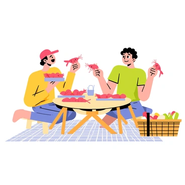 Two friends are sitting at a picnic table, surrounded by platters of crawfish. One friend, wearing a red baseball cap, is laughing as they raise a crawfish to their mouth. The other friend, with curly hair and a green t-shirt, looks determined while holding a crawfish in each hand. A checkered picnic blanket is spread out beneath them, and a basket filled with snacks sits nearby. The scene is bright and cheerful, capturing the playful competition between the two friends.