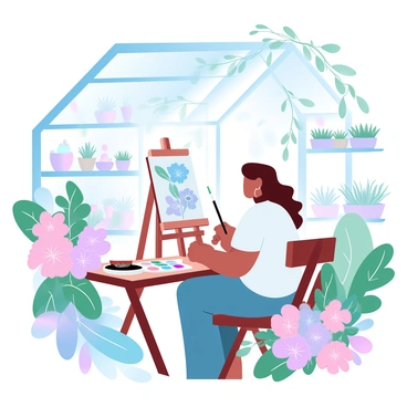 A botanical illustrator is seated at a wooden table in a bright greenhouse, surrounded by various pots of blooming flowers and lush green plants. The illustrator is focused on painting a large canvas filled with vibrant depictions of the flowers in front of them. Sunlight streams through the glass walls, illuminating the array of colors in the space. A palette of paints sits nearby, filled with an assortment of bright hues. The greenhouse is filled with shelves of plants and delicate vines hanging from the ceiling. A large, colorful flower bouquet is placed next to the illustrator, serving as inspiration for the artwork.
