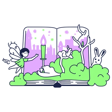 A storybook page depicts a fairy tale scene set in an enchanted forest. In the center, there is a "hand of glory," which is a mystical hand holding a single flickering candle that casts a soft light. Surrounding the hand, there are whimsical trees with intricate branches. To the left, a small fairy with delicate wings is flying, leaving a trail of sparkles. On the right, a curious rabbit peeks from behind a bush, its eyes wide with wonder. The background features a castle silhouette, partially obscured by mist, with twinkling stars above, enhancing the magical atmosphere of the scene.