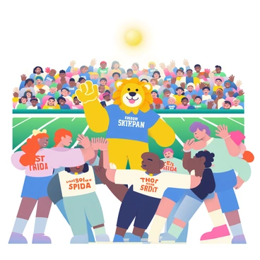 A friendly lion mascot with a bright yellow mane and a big smile is high-fiving excited students at a school football game. The lion is wearing a vibrant blue and gold jersey that represents the school's colors. Surrounding the lion, a group of enthusiastic students with varied hair colors and wearing matching school spirit shirts are raising their hands in excitement. The backdrop features a football field filled with cheering fans, colorful banners, and goalposts. The sun is shining brightly, creating a lively atmosphere at the event.