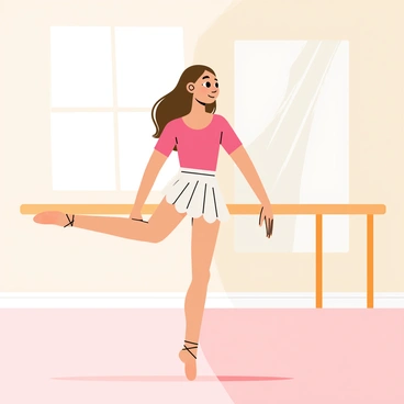 A girl with long flowing brown hair is practicing ballet in a dance studio. She is wearing a pink leotard and a white tutu. The studio features large mirrors on the walls reflecting her graceful movements. A wooden ballet barre is positioned along one side of the room. Soft, natural light is streaming through the windows, illuminating the polished wooden floor. The girl is in a poised position, with one leg extended gracefully behind her.