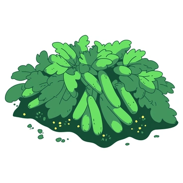 A patch of green cucumbers is growing densely in a garden, their smooth skin glistening under the sunlight. The cucumbers are nestled among lush green leaves that provide shade, creating a vibrant contrast. Some cucumbers are plump and large, while others are slightly smaller, all appearing fresh and ripe for harvesting. The soil beneath is rich and dark, indicating healthy growth, and a few small yellow flowers can be seen peeking out among the foliage.