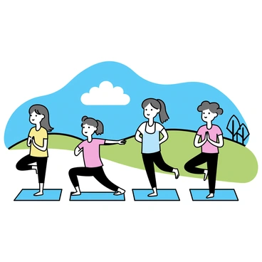 A group of five individuals practicing yoga outdoors on a grassy field. Each participant is in a different pose, including a downward dog and a warrior pose. They are dressed in colorful yoga attire, with mats in various shades laid out beneath them. The setting includes a clear blue sky overhead, with a few fluffy clouds. In the background, there are some trees providing shade, enhancing the peaceful environment. Each participant has a focused expression, embodying concentration and tranquility.