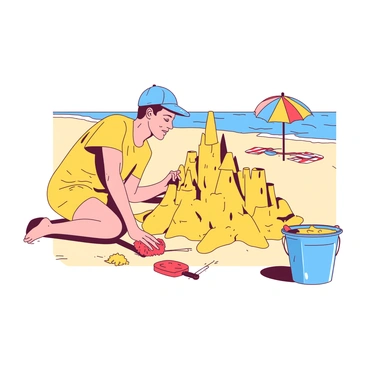 A beachgoer building a sandcastle using a sponge to create textures and patterns.