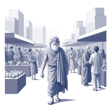 Socrates, depicted as an elderly man with a flowing beard and a simple toga, is walking through a bustling ancient market. He is surrounded by various stalls adorned with an array of goods, such as pottery, fruits, and textiles. Townspeople engage in animated conversations, while some barter goods and others carry baskets filled with produce. In the background, there are large stone structures that hint at the architecture of ancient Greece. The expressions of curiosity and intrigue are evident on Socrates' face as he observes the interactions of the townspeople.