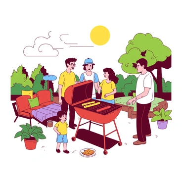 A red backyard grill is situated in the center of a sunny backyard. A family is gathered around the grill, with three adults standing and chatting while keeping an eye on the sizzling bratwursts. Two children, one wearing a yellow t-shirt and the other in a blue cap, are eagerly waiting nearby, their faces filled with excitement. The grill is surrounded by colorful patio furniture, and a few green plants are scattered around the scene, adding a lively atmosphere. The sun casts warm light over the gathering, creating a cheerful and inviting setting.