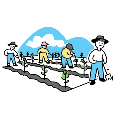 A group of farmers planting young fruit trees in neat rows within an orchard. Each farmer is dressed in a long-sleeved shirt and wide-brimmed hat for protection from the sun. The young fruit trees are small, with green leaves and thin trunks. The soil is freshly tilled, showing rich, dark earth. The farmers are using shovels and planting tools, carefully positioning each tree within the rows. In the background, a clear blue sky is visible, along with a few fluffy clouds floating above the orchard.