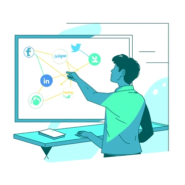 A teal marketer is standing in front of a large white digital whiteboard, actively drawing connections between various social media platform logos. The marketer has short, dark hair and is wearing a casual blue shirt. On the whiteboard, there are distinct circles representing different platforms like "Facebook," "Instagram," "Twitter," and "LinkedIn." Colorful lines in yellow connect these circles, illustrating the relationships and interactions between them. The environment is bright and modern, with a few scattered digital devices on a sleek desk nearby.