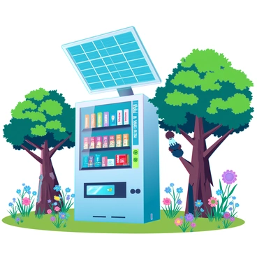 A solar-powered vending machine situated in a lush nature park. The machine is sleek and modern, with a glass front showcasing a variety of energy bars and eco-friendly snacks. It is surrounded by vibrant green trees, colorful wildflowers, and a clear blue sky above. Sunlight glints off the solar panels installed on top, highlighting its sustainable features. Visitors can be seen nearby, enjoying the natural surroundings while considering their snack options from the machine.