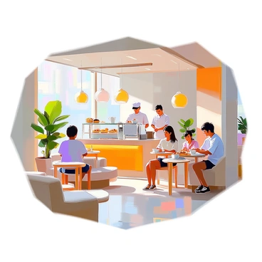 The interior of a trendy Korean cafe features minimalist decor with light wooden furnishings and clean lines. Soft, natural light filters in through large windows, illuminating the space. A few potted plants are placed strategically around the room, adding a touch of greenery. Patrons of diverse backgrounds are scattered throughout, with some sitting at small tables and others lounging on plush seating. A barista behind a sleek counter is skillfully preparing coffee drinks, while patrons are engaged in quiet conversation or immersed in their laptops, sipping on beautifully presented cups of coffee. A display of pastries is visible on the counter, enticing the customers.