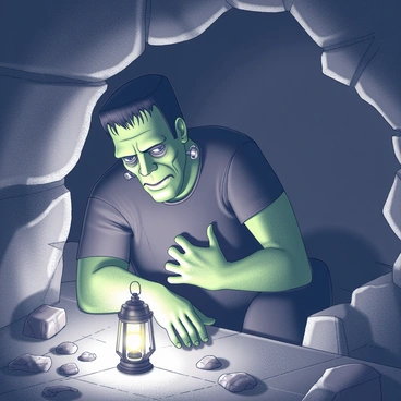 A large, imposing figure of Frankenstein's monster is resting on a rough stone surface inside a dark cave. The creature has a heavy brow and scars visible on its green skin, with dark hair falling around its face. Scattered stones and jagged edges surround the creature, giving the cave an organic atmosphere. 

A lantern emits a warm glow, casting flickering shadows across the rocky walls and illuminating the monster's expression, revealing a hint of weariness. The cave's entrance is partially visible, surrounded by uneven rocks, letting in a faint outline of light from the outside world.